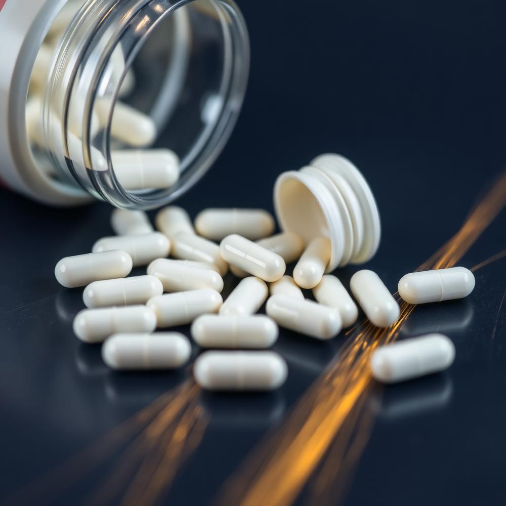 White capsules spilling from a supplement bottle