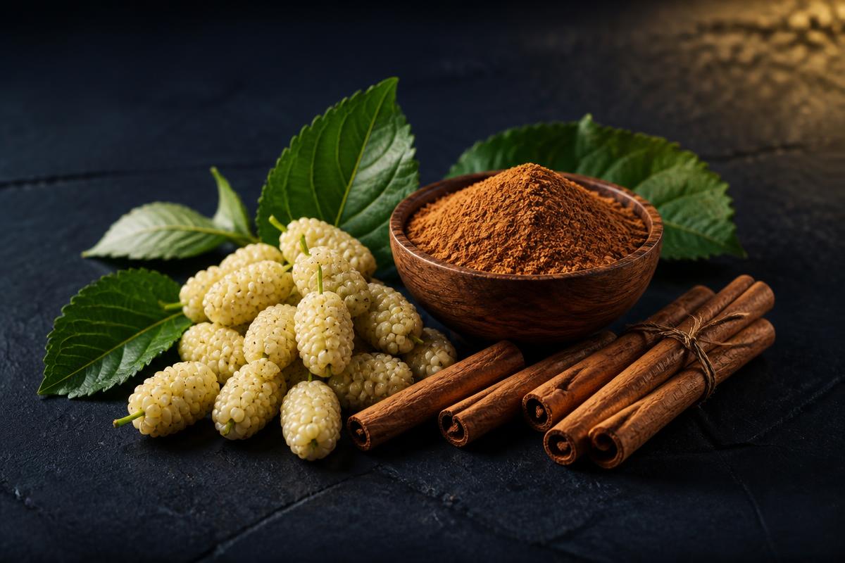 White mulberry berries, cinnamon sticks and ground cinnamon