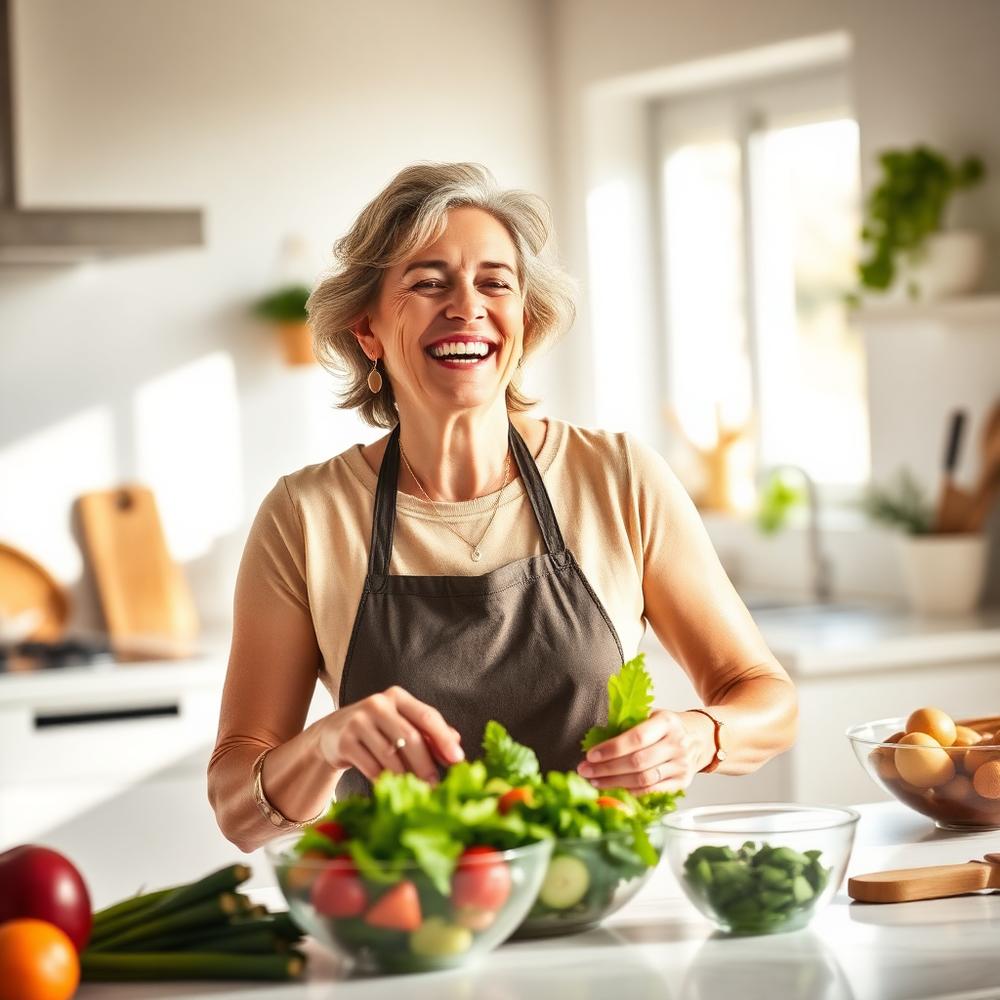 Woman preparing a fresh salad in a bright kitchen